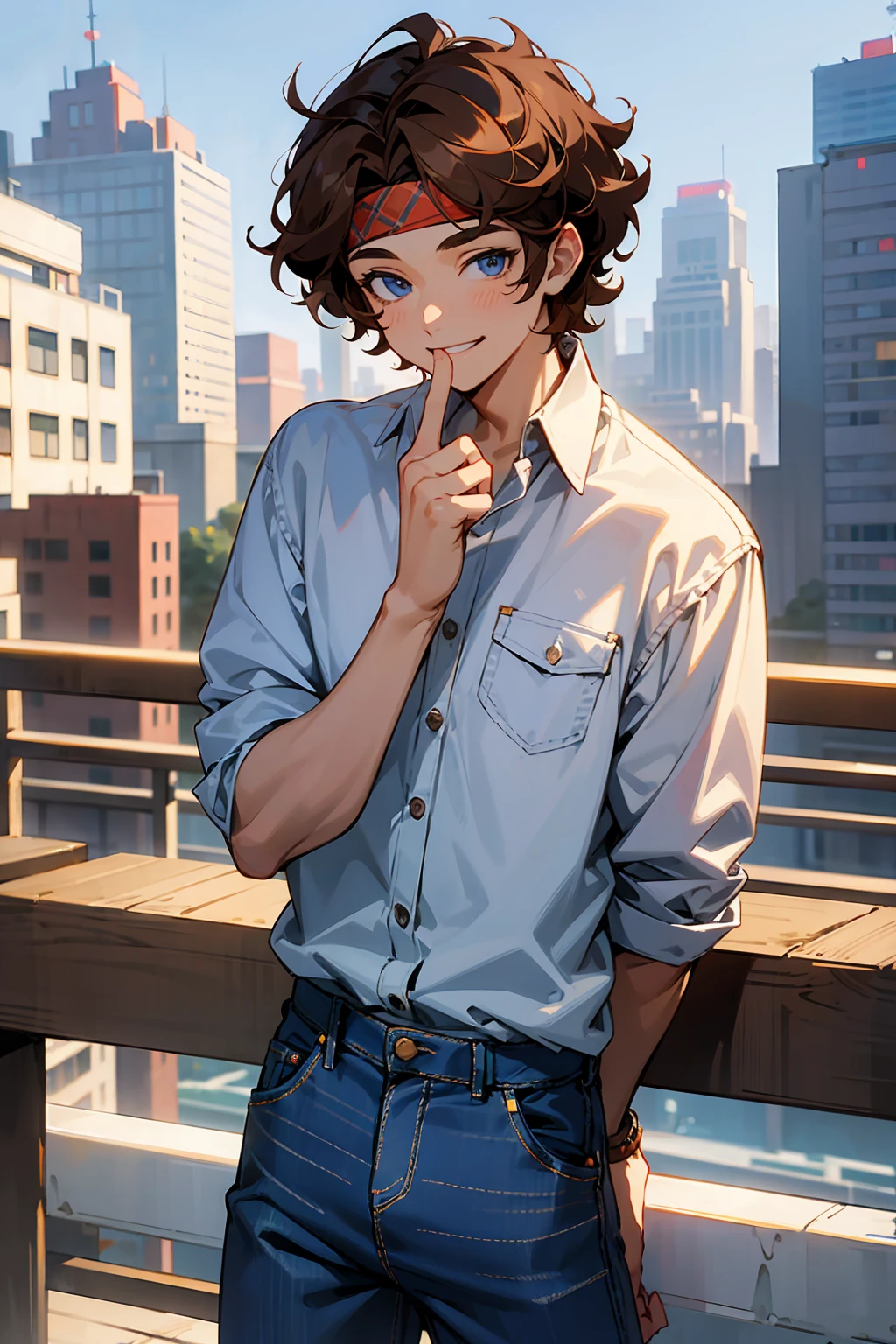 1male, Young Adult, Brown Hair, Curly Hair, Short Hair, Blue Eyes, Jeans, Headband, Flannel Shirt, City Background, Smile