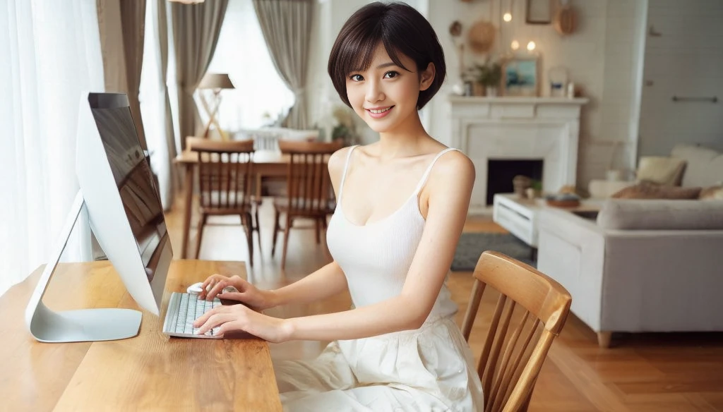 masterpiece, realistic, photorealistic, best quality, beautiful detailed, natural lighting, sharp focus, depth of field, slim body, abs:1.2, cleavage, best quality real texture skin, Detailed beautiful delicate face and eyes, beautiful Japanese young woman, eyes open, looking at viewer, best quality real texture skin, Detailed beautiful delicate face and eyes, double eyelid, smile:1.2, white teeth:1.2, very short straight brown hair, 