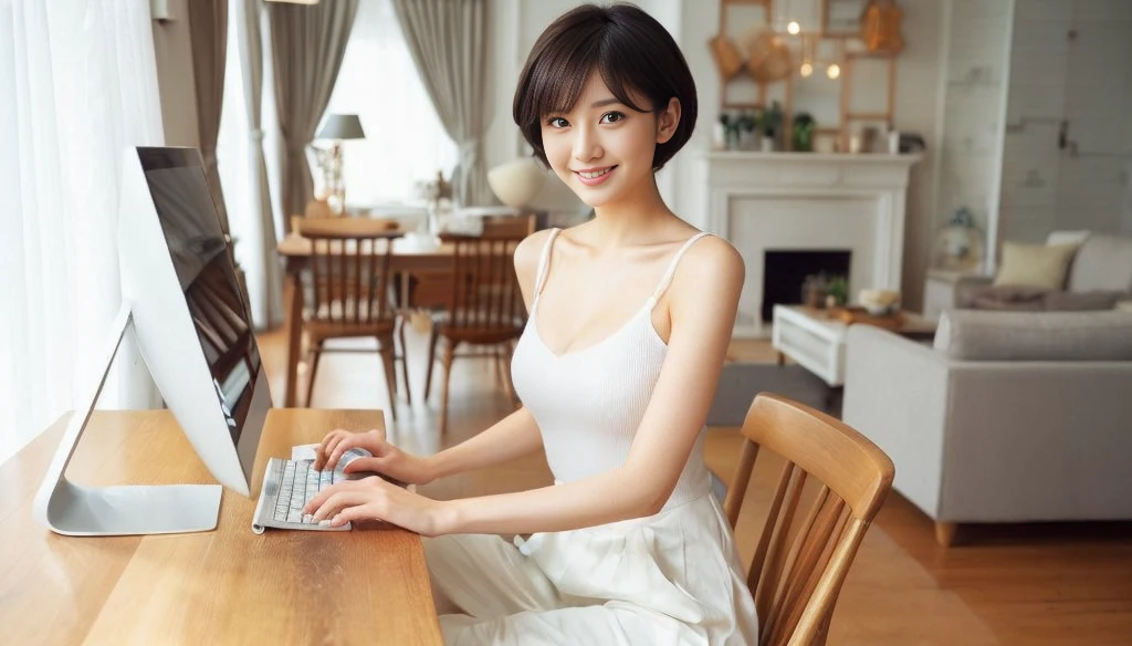 masterpiece, realistic, photorealistic, best quality, beautiful detailed, natural lighting, sharp focus, depth of field, slim body, abs:1.2, cleavage, best quality real texture skin, Detailed beautiful delicate face and eyes, beautiful Japanese young woman, eyes open, looking at viewer, best quality real texture skin, Detailed beautiful delicate face and eyes, double eyelid, smile:1.2, white teeth:1.2, very short straight brown hair,