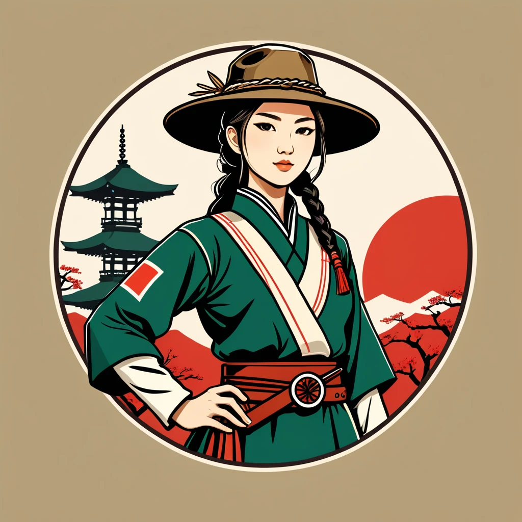female ranger in japan folk outfit, vector graphics, strong contours, logo design
