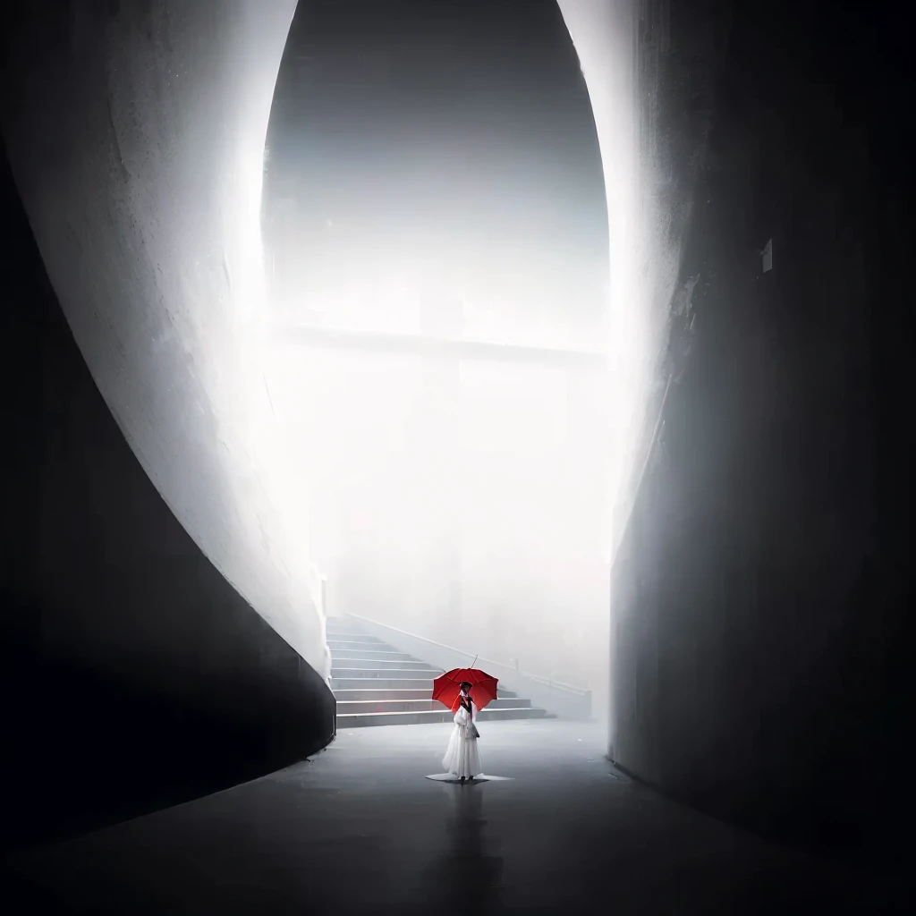 A picture of a person holding a red umbrella standing in a dark room, Dramatic Lighting. Concept Art, Yu Zhiding, by Cheng Jiasui, Inspired by Cheng Jiasui, by Xia Yong, by Zha Shibiao, With a red halo on his head, Inspired by Ray Caesar, Beautiful lighting composition, Inspired by Lv Ji