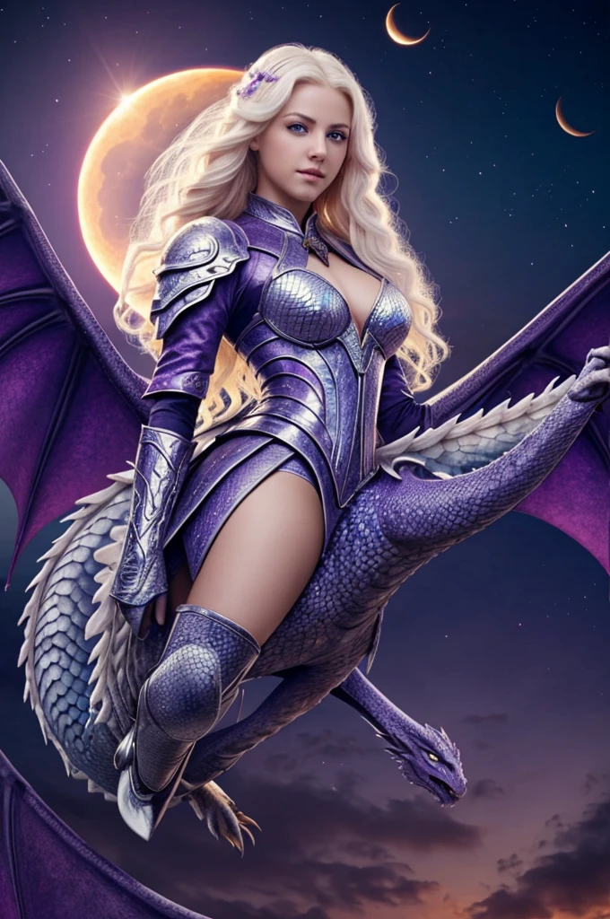 A beautiful young woman, of "white blonde hair " , and "deep violet eyes" , volando en el cielo ofl amanecer,  mounted on her dragon , that its scales assume an eclipse "Landfe Action" "HD" "4k" 