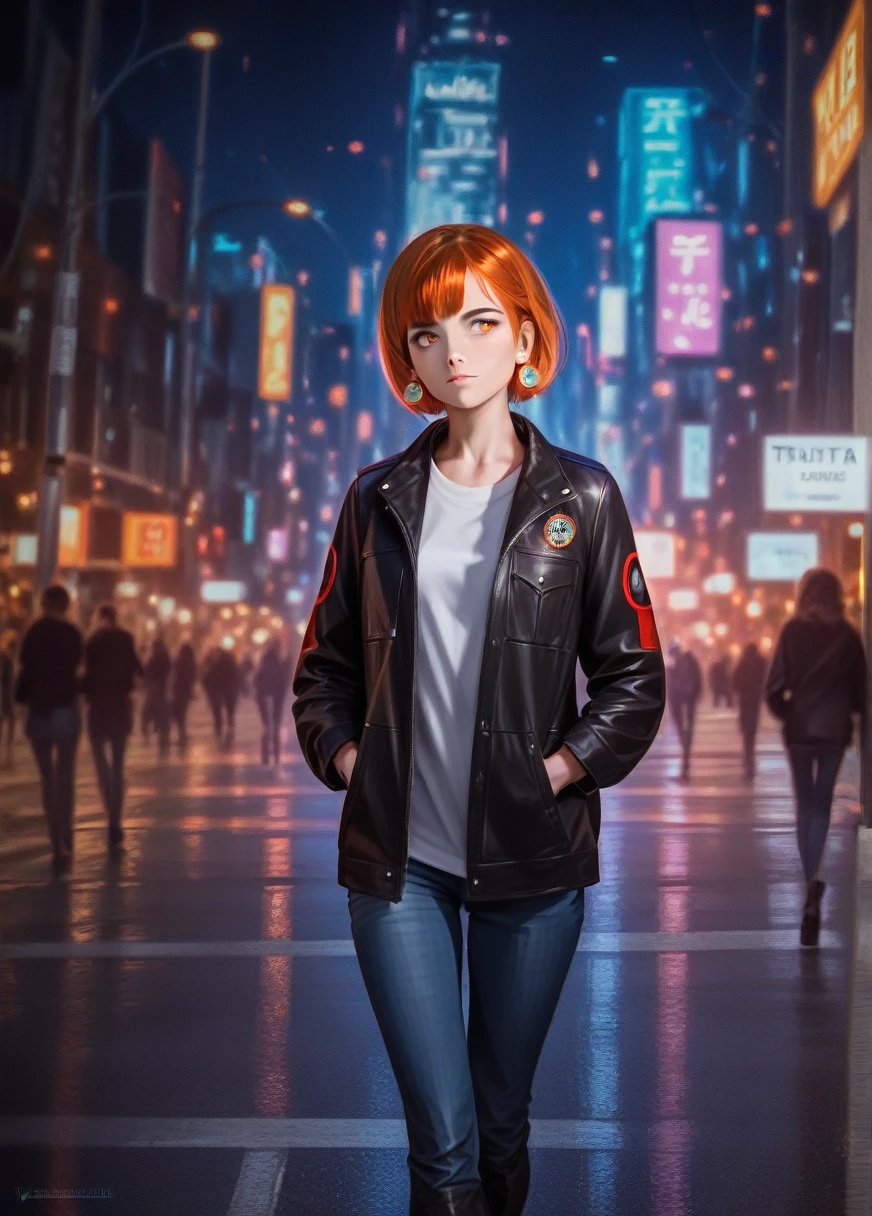 a beautiful detailed portrait of a young anime girl with orange hair and orange eyes, wearing a black jacket, walking down a city street at night with neon lights and a crowd of onlookers in the background, (best quality,4k,8k,highres,masterpiece:1.2),ultra-detailed,(realistic,photorealistic,photo-realistic:1.37),dynamic pose, earrings, jewelry, :3, looking away from the viewer, hands in pockets, Yoshi