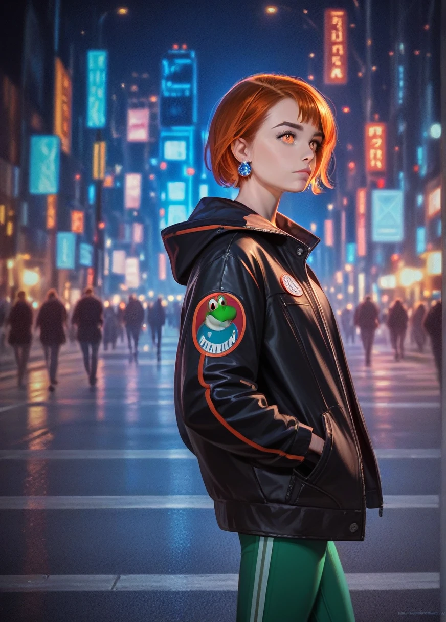 a beautiful detailed portrait of a young anime girl with orange hair and orange eyes, wearing a black jacket, walking down a city street at night with neon lights and a crowd of onlookers in the background, (best quality,4k,8k,highres,masterpiece:1.2),ultra-detailed,(realistic,photorealistic,photo-realistic:1.37),dynamic pose, earrings, jewelry, :3, looking away from the viewer, hands in pockets, Yoshi