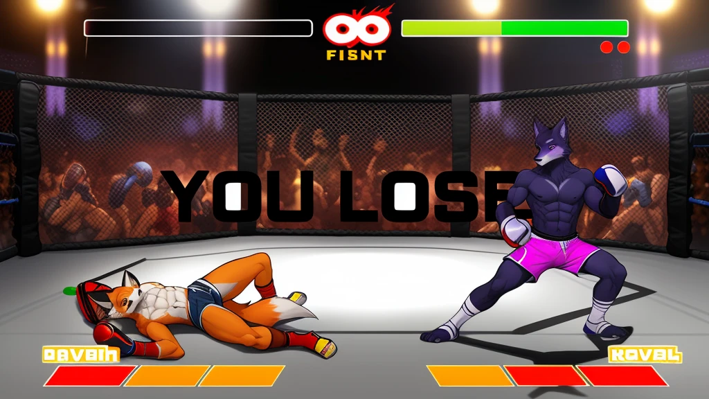 a detailed picture of a boxing match (male anthros, two boy), slim body, slim features, in a boxing ring, Ross Tran, ruan jia, trending on artstation, foxovh,User Interface of Fighting game, Crisis, assorted poses, assorted expression, full body, sound effects, motion blur, from side, ((fox, blue shorts, shirtless, abs, chest, knocked out on the floor)), (((purple wolf, white shorts, boxing pose))) “VS” 