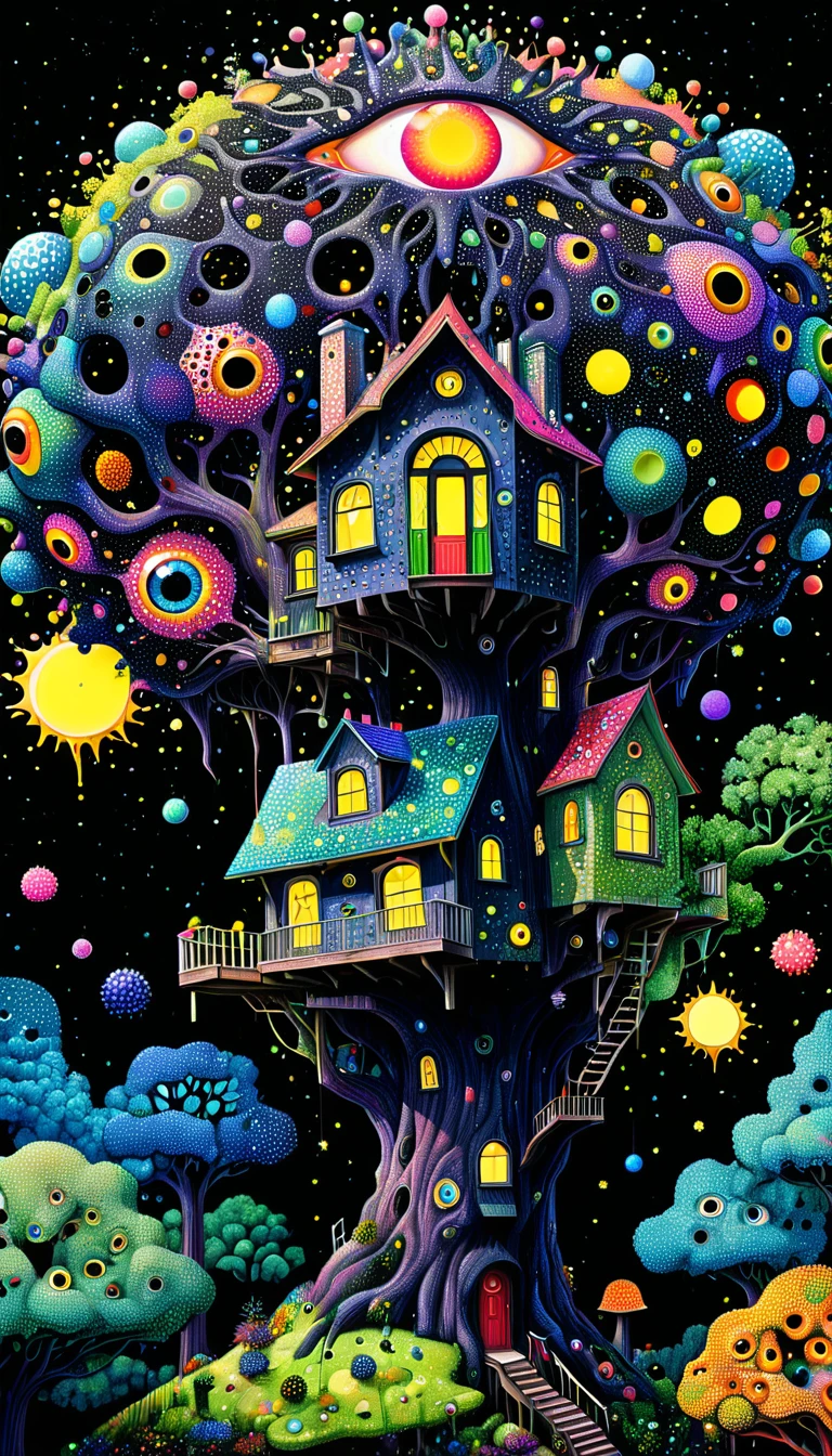 Psychedelic visual art,Colorful black,Strange illustration,Pointillism method,Trypophobia,House on top of a tree,Eye,unrealistic,Strong visual impact,black background,Star