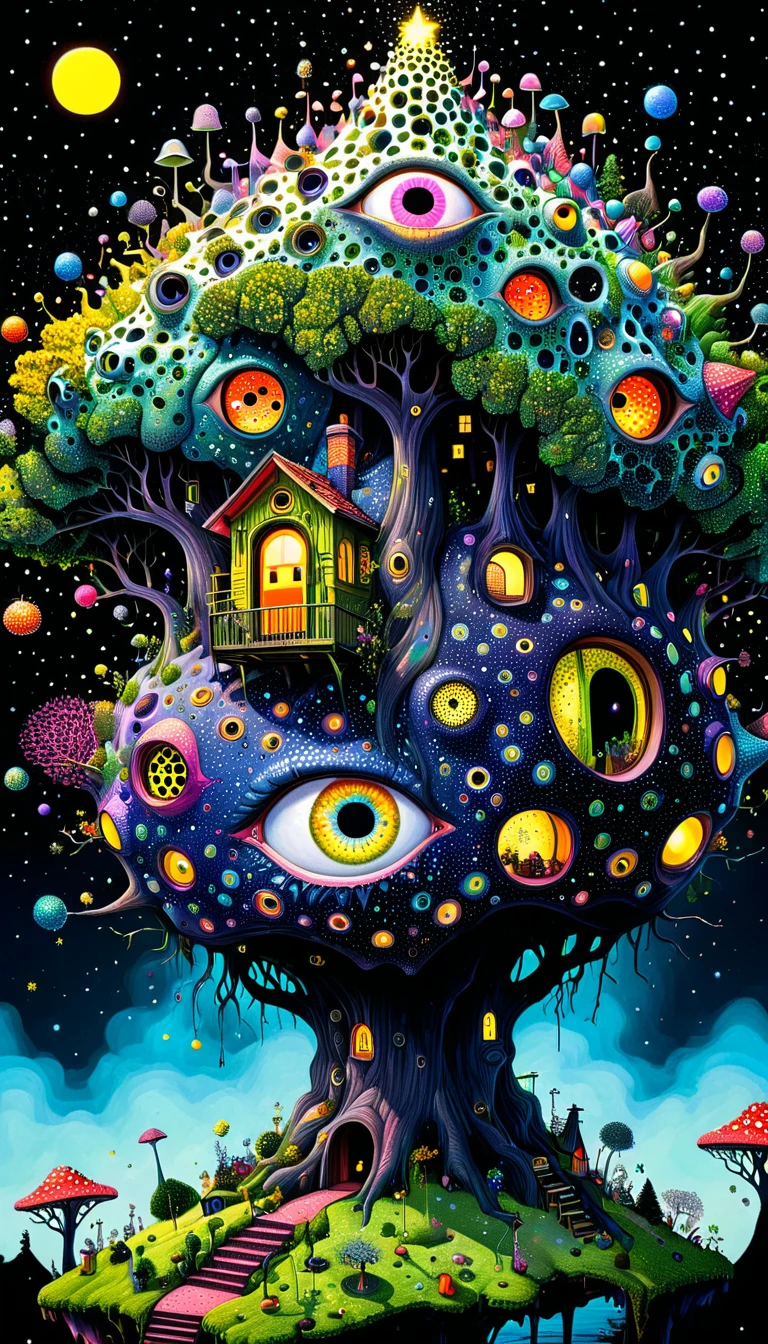 Psychedelic visual art，Colorful black，Strange illustration，Pointillism method，Trypophobia，House on top of a tree，Eye，unrealistic，Strong visual impact，black background，Star