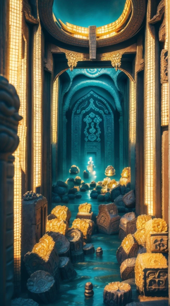 Ancient China, Temple, (Mysterious Black Mist), Journey to the West, Judge, Elder, Glazed Tiles, Buddha Statues, Lanterns, Absurdity, Realistic Lighting, (Abyss) Masterpiece, High Quality, Exquisite Graphics, High Detail, Undersea, Water Prison, Male, Snake Spirit