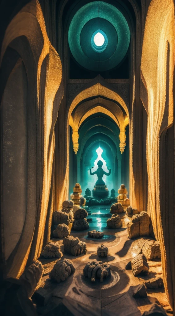 Ancient China, Temple, (Mysterious Black Mist), Journey to the West, Judge, Elder, Glazed Tiles, Buddha Statues, Lanterns, Absurdity, Realistic Lighting, (Abyss) Masterpiece, High Quality, Exquisite Graphics, High Detail, Undersea, Water Prison, Male, Snake Spirit  