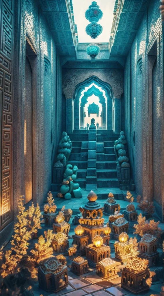 Ancient China, Temple, (Mysterious Black Mist), Journey to the West, Judge, Elder, Glazed Tiles, Buddha Statues, Lanterns, Absurdity, Realistic Lighting, (Abyss) Masterpiece, High Quality, Exquisite Graphics, High Detail, Undersea, Water Prison, Male, Snake Spirit