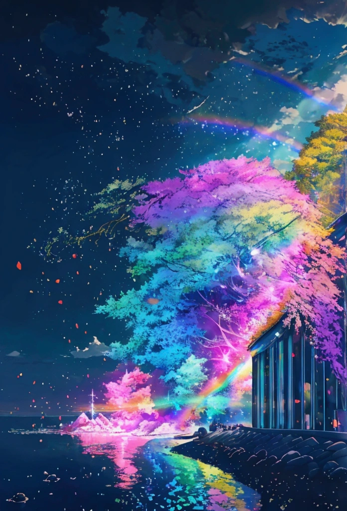 A linear motor car running on rainbow-colored sea tracks,colorful,Beautiful sea,Running on the sea、wonderful景色,Utopia,An atmosphere full of dreams and hope,masterpiece.16K, Ultra-high resolution, Ultra-high resolution, to be born,wonderful ,future、Iridescent、The world 30 years from now。