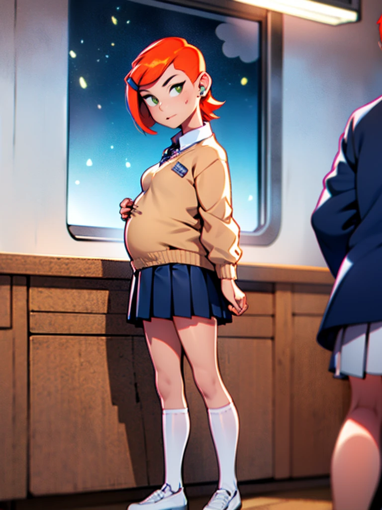 gwendolyn_tennyson, ((shaved side hair)), female, 1girl, night, (moon light, medium breasts), pink lipstick, killing giant robots, pleated skirt, dress shirt, white shirt, yellow cardigan, low heels, long socks, white socks, school, standing in classroom, kawai, cute, portraits, vivid colors, soft lighting, JC girl, hyper-pregnant , elementary school student 