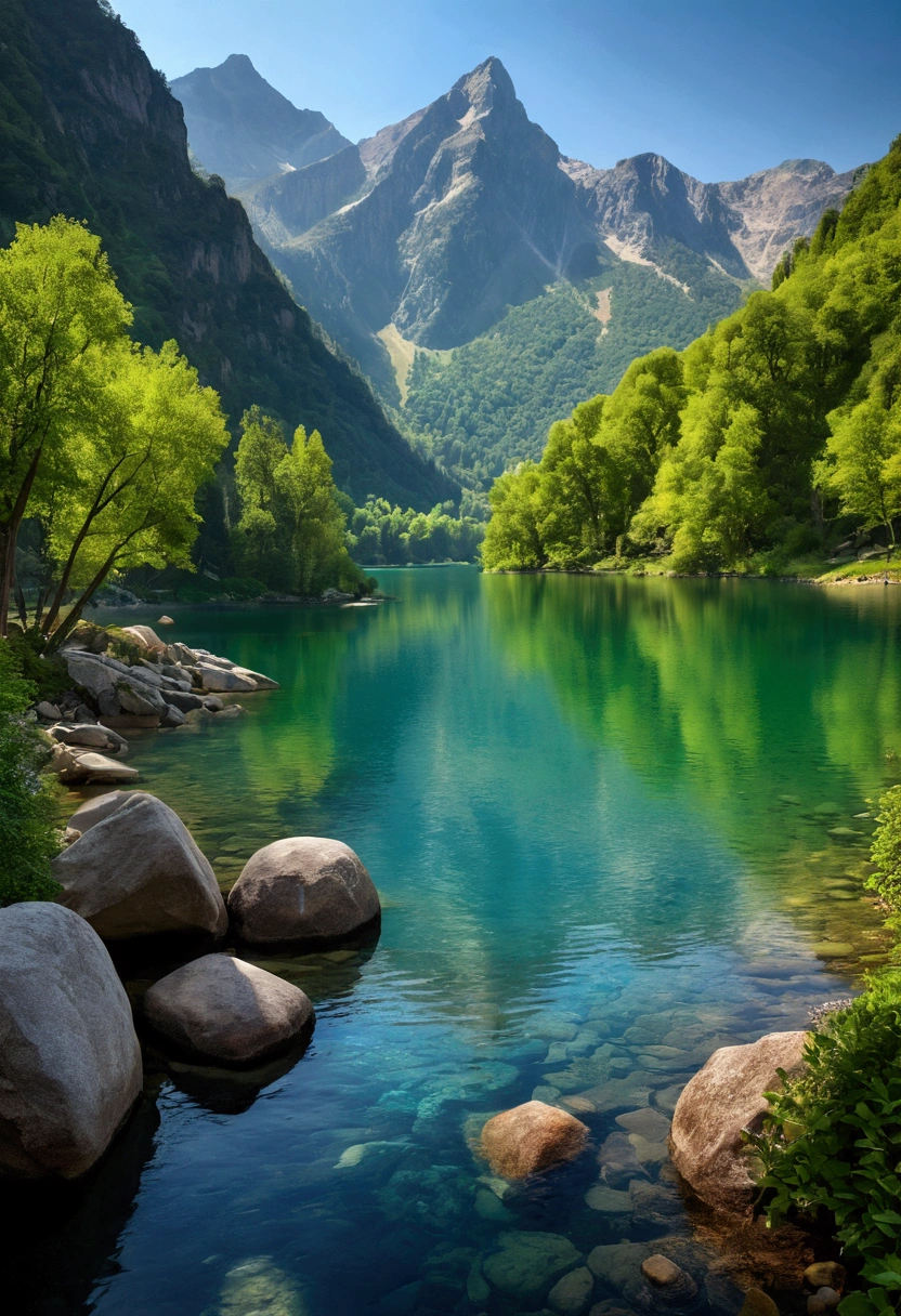 (best quality,4K,8K,high resolution,masterpiece:1.2),Extremely detailed,(Practical,photoPractical,photo-Practical:1.37),Beautiful description of the lake, Mountains, and the view, Peaceful atmosphere, Tranquil composition, Vibrant colors, Vivid brushstrokes, Detailed texture, Practical portrayal of water reflections, Stunning scenery, Picturesque scenery, Magnificent panorama, Amazing Art, A harmonious blend of light and shadow, Natural Beauty, Peaceful environment, Fascinating artwork, Superb craftsmanship, Delicate depiction of nature, Stunning scenery, graceful brushstrokes, The attention to detail is incredible, Fascinating composition, Practical representation of Mountains, Clear lake water, Lush greenery, breeze, Soft sunlight, color palette, Peaceful atmosphere, invites exploration, Evokes a feeling of calm and tranquility, Immerse yourself in the beauty of nature.