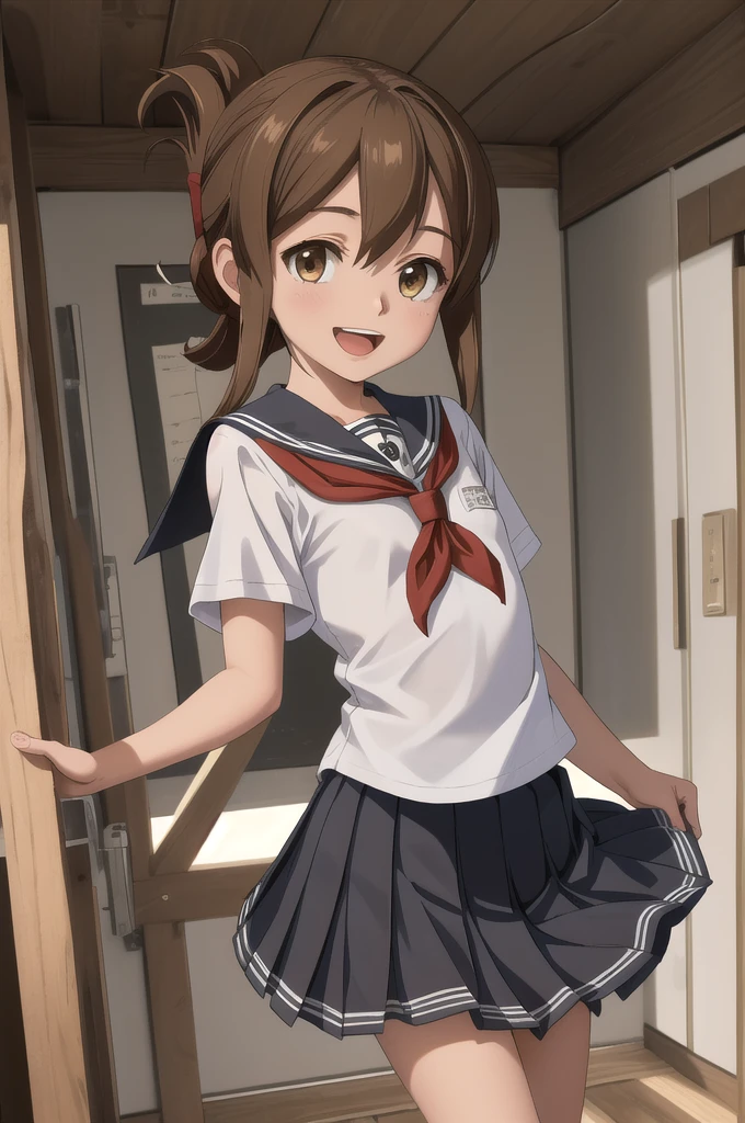 Highest quality, masterpiece, High resolution, alone, {inazuma_Fleet Collection}, brown_hair, Folded_ponytail, brown_eye, length_hair, Open_mouth, smile, School_uniform,skirt,Pleats_skirt,((Flat Chest, Small breasts, flat chest)), 