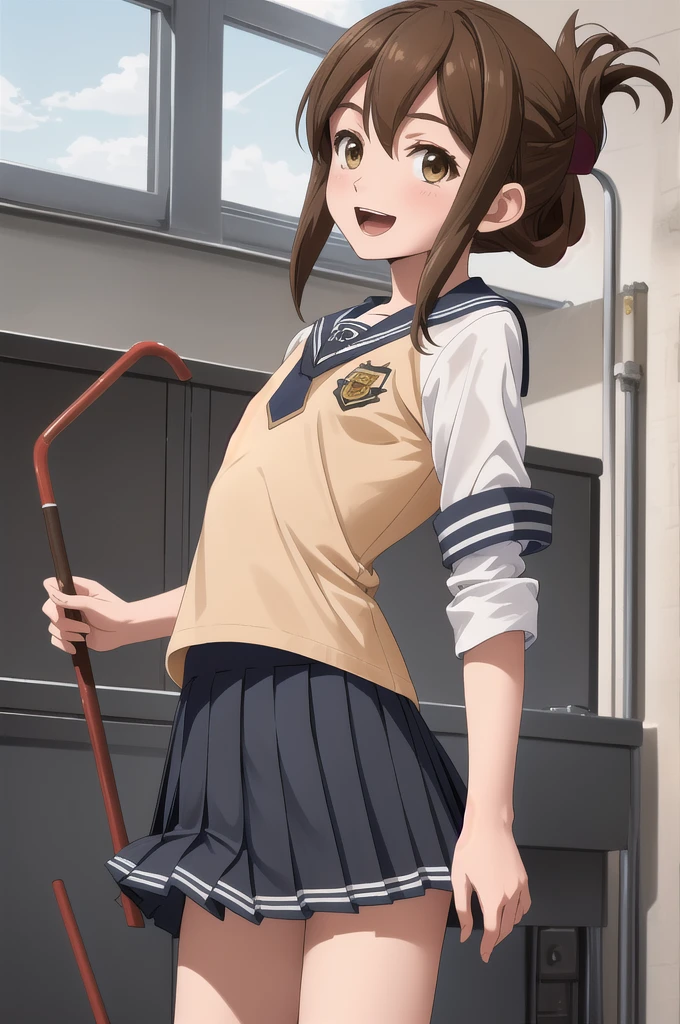 Highest quality, masterpiece, High resolution, alone, {inazuma_Fleet Collection}, brown_hair, Folded_ponytail, brown_eye, length_hair, Open_mouth, smile, School_uniform,skirt,Pleats_skirt,((Flat Chest, Small breasts, flat chest)),