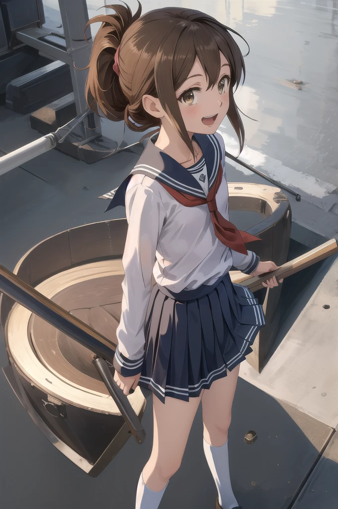 Highest quality, masterpiece, High resolution, alone, {inazuma_Fleet Collection}, brown_hair, Folded_ponytail, brown_eye, length_hair, Open_mouth, smile, School_uniform,skirt,Pleats_skirt,((Flat Chest, Small breasts, flat chest)), 