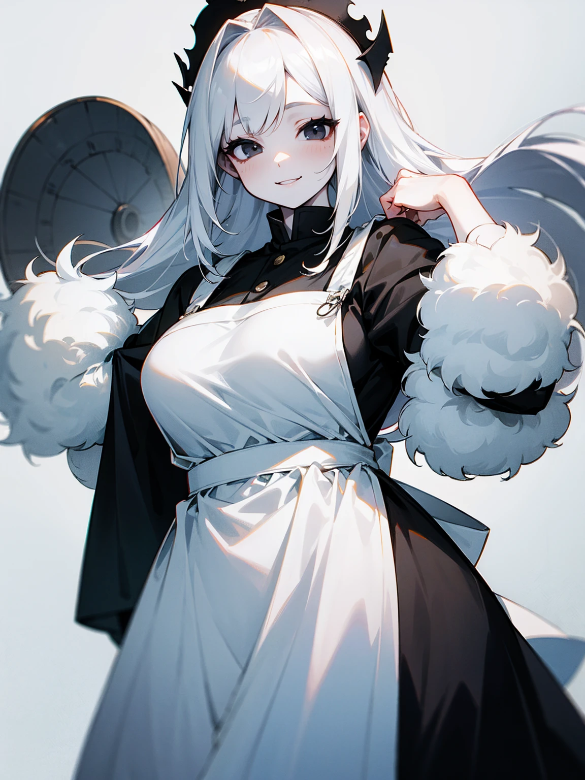 1female, pale white skin, white fluffy hair, black eyes, fat, apron, smile