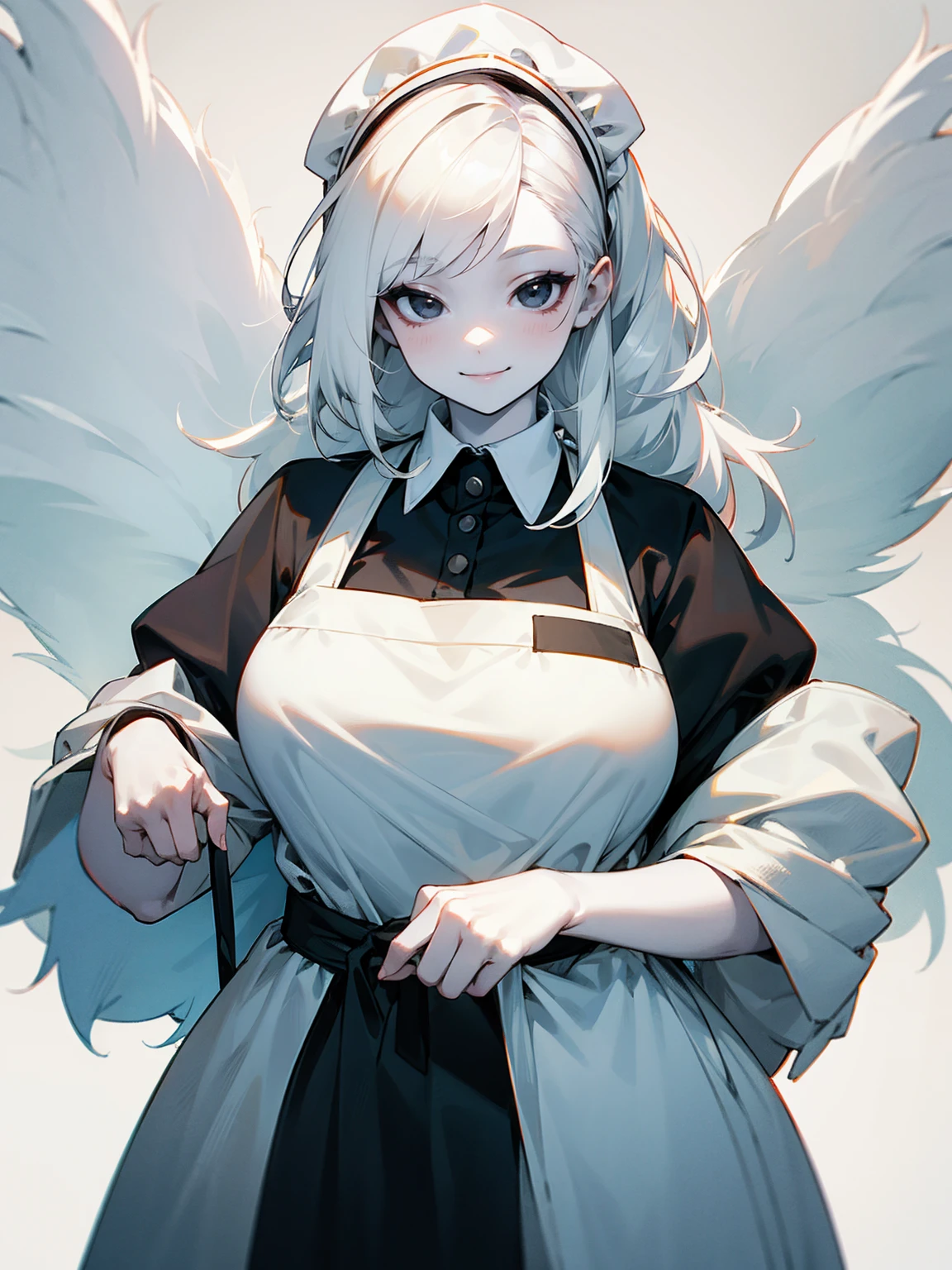 1female, pale white skin, white fluffy hair, black eyes, fat, apron, smile