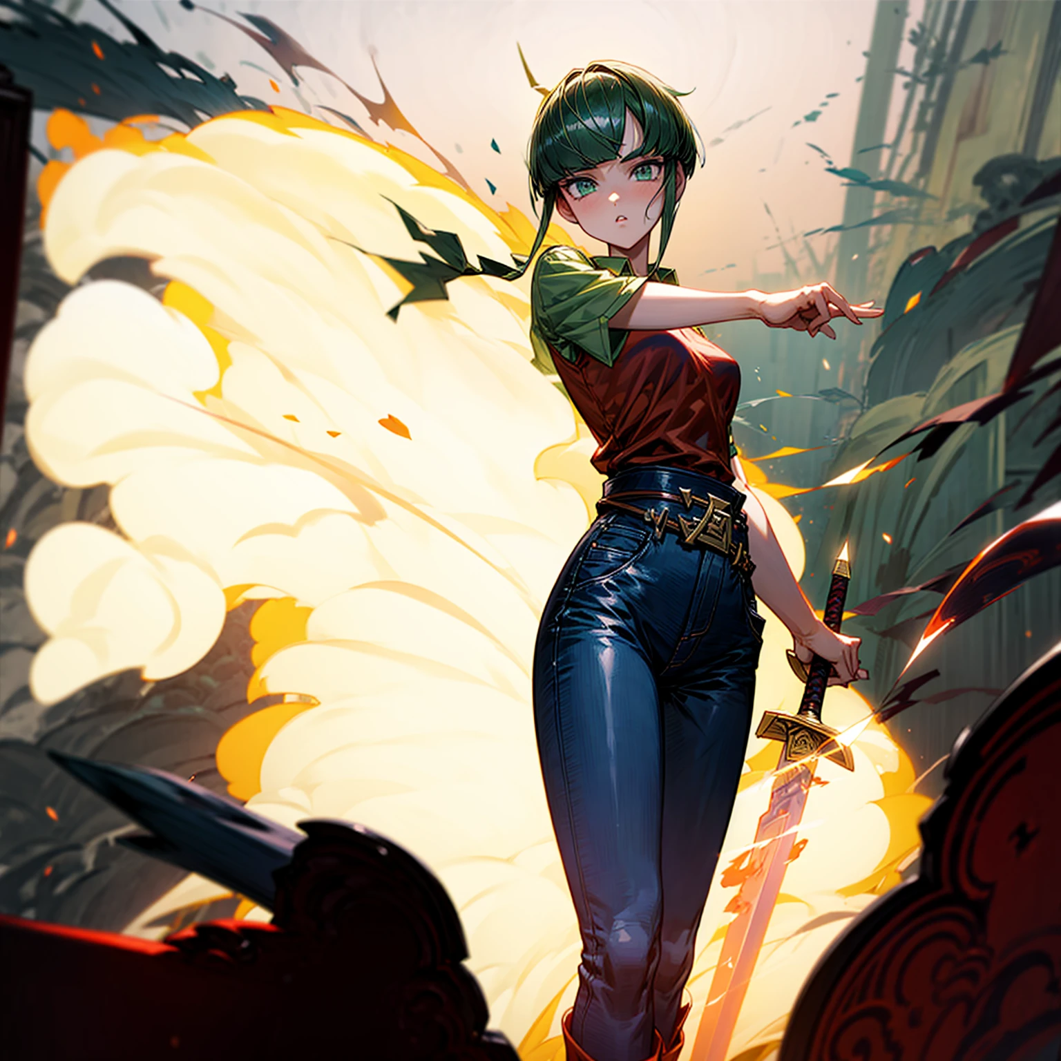 1girl, Full body version, 1character, green eyes, short haircut, (green color hair), undershirt style clothing, red colour clothing, jeans, belt, boots, Grassroots, full background in street city, (motion blur), (detective conan style art), sword in hand, fire effect on sword, lighting effect on sword, fire effect, blood on sword, smoke effect, fire effect 