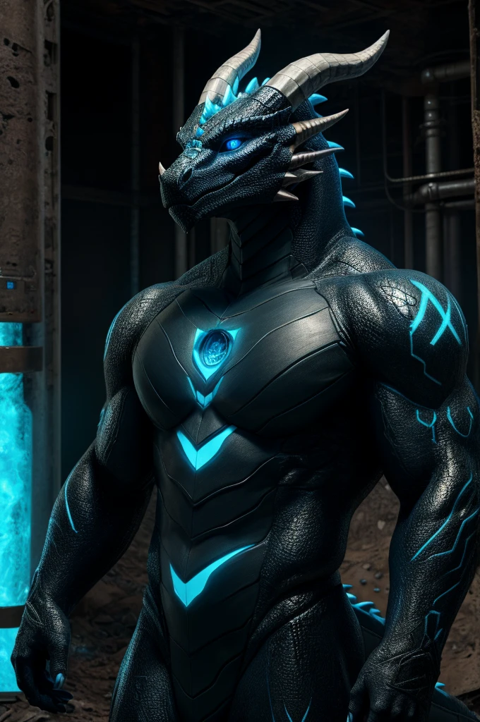 (full body shot), (realistic style), (furry), (humanoid), male nuclear dragon, obsidian dragon body, blue nuclear core in the chest, glowing nuclear blue markings, glowing blue eyes, abandoned reactor site background