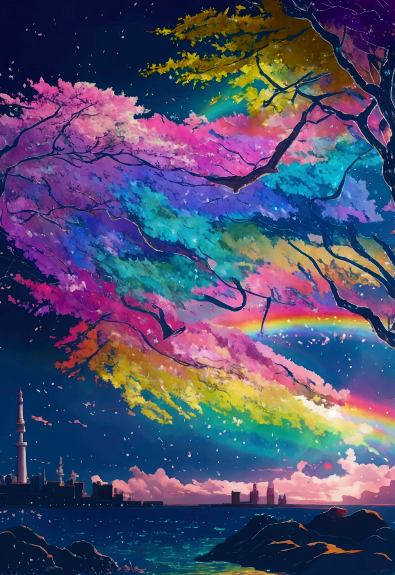 A linear motor car running on rainbow-colored sea tracks，colorful，Beautiful sea，Running on the sea、wonderful景色，Utopia，An atmosphere full of dreams and hope，masterpiece．16K, Ultra-high resolution, Ultra-high resolution, to be born,wonderful ,future、Iridescent、The world 30 years from now。