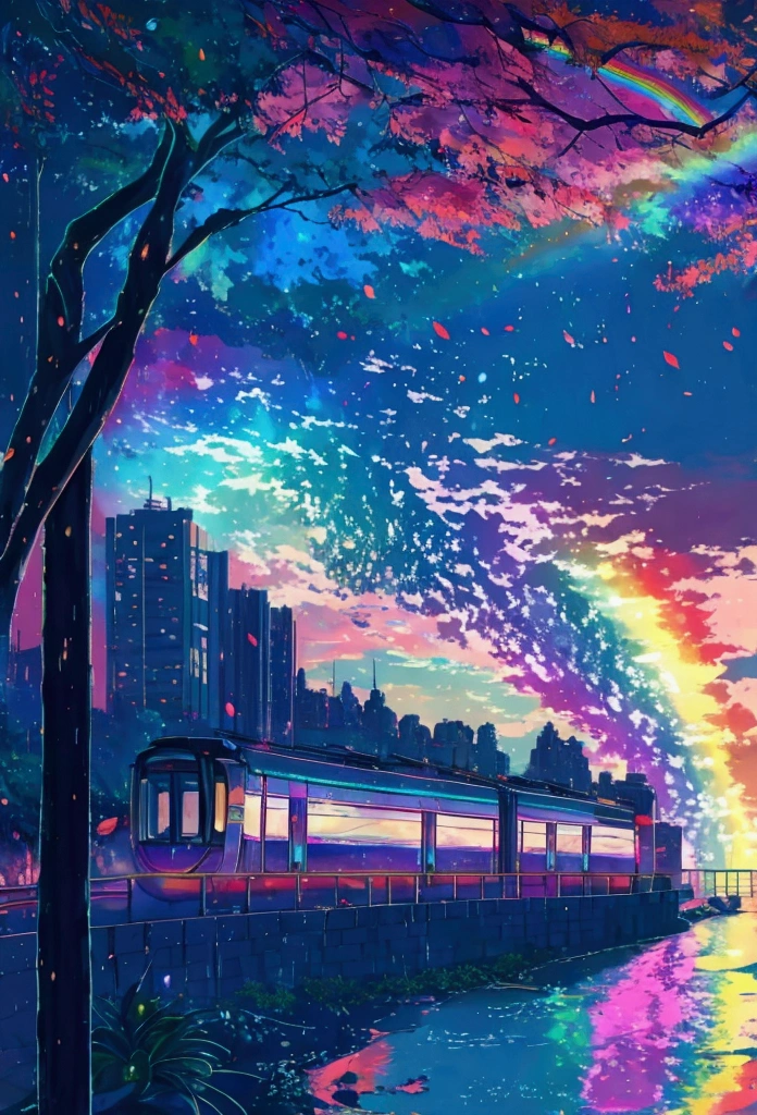 A linear motor car running on rainbow-colored sea tracks,colorful,Beautiful sea,Running on the sea、wonderful景色,Utopia,An atmosphere full of dreams and hope,masterpiece.16K, Ultra-high resolution, Ultra-high resolution, to be born,wonderful ,future、Iridescent、The world 30 years from now。
