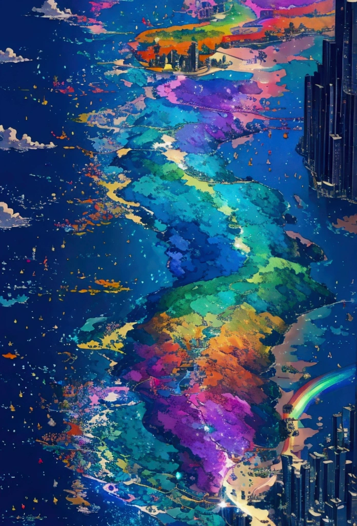 A linear motor car running on rainbow-colored sea tracks,colorful,Beautiful sea,Running on the sea、wonderful景色,Utopia,An atmosphere full of dreams and hope,masterpiece.16K, Ultra-high resolution, Ultra-high resolution, to be born,wonderful ,future、Iridescent、The world 30 years from now。