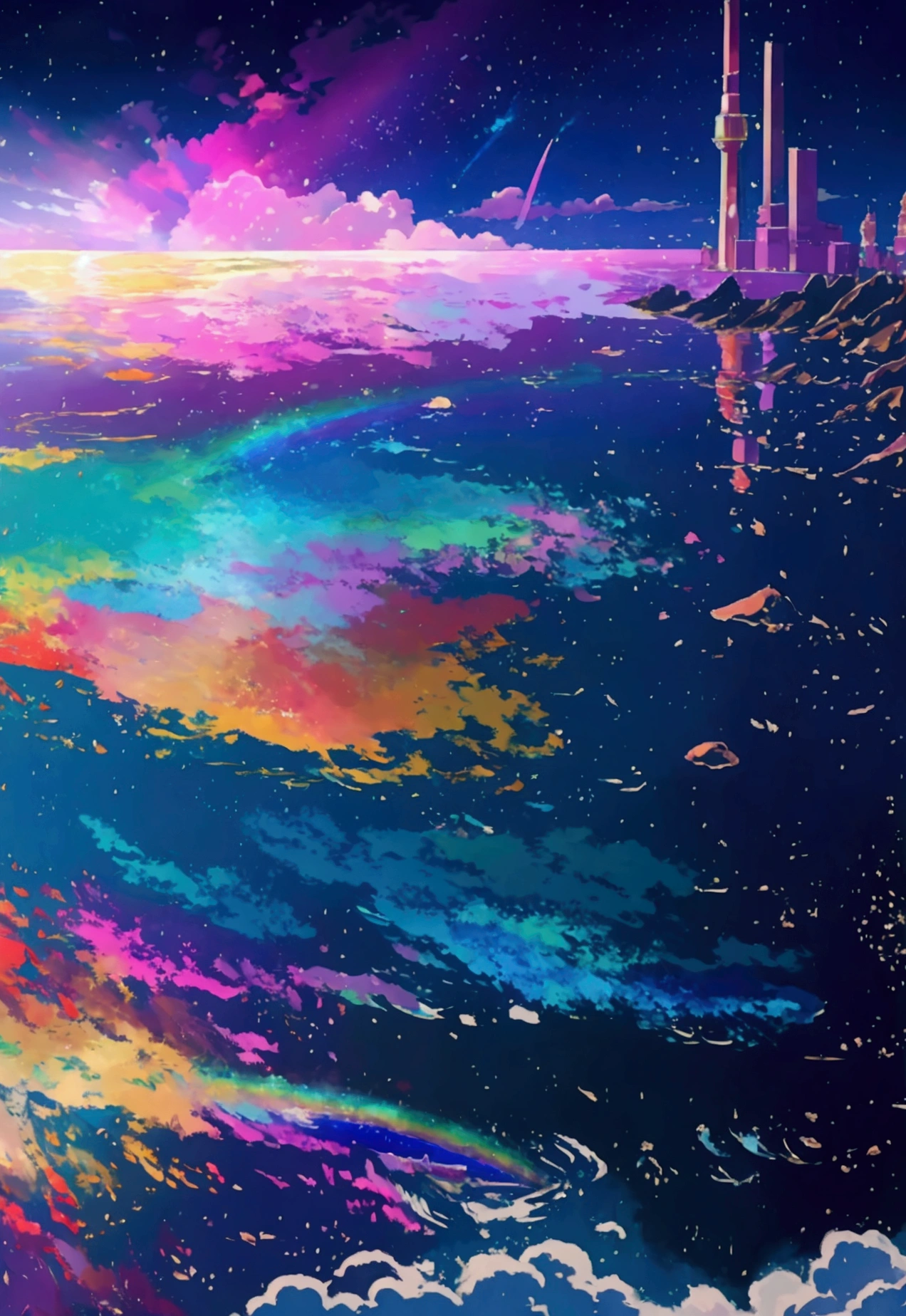 A linear motor car running on rainbow-colored sea tracks,colorful,Beautiful sea,Running on the sea、wonderful景色,Utopia,An atmosphere full of dreams and hope,masterpiece.16K, Ultra-high resolution, Ultra-high resolution, to be born,wonderful ,future、Iridescent、The world 30 years from now。