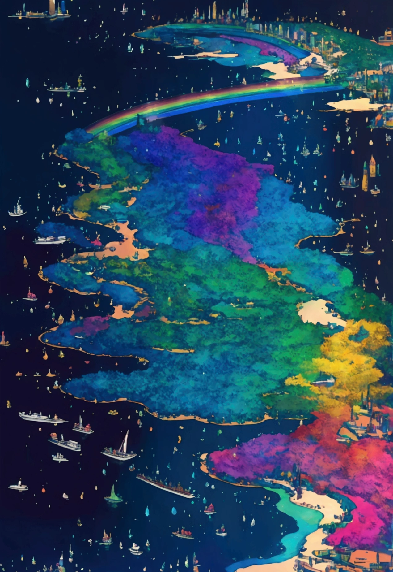 A linear motor car running on rainbow-colored sea tracks，colorful，Beautiful sea，Running on the sea、wonderful景色，Utopia，An atmosphere full of dreams and hope，masterpiece．16K, Ultra-high resolution, Ultra-high resolution, to be born,wonderful ,future、Iridescent、The world 30 years from now。
