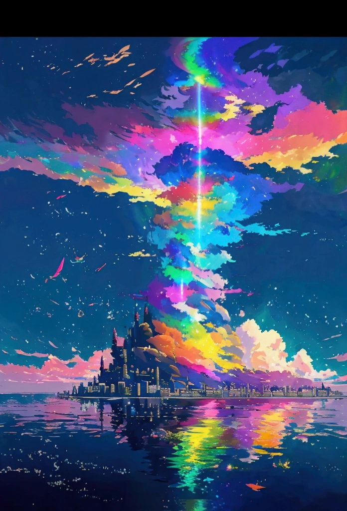 A linear motor car running on rainbow-colored sea tracks，colorful，Beautiful sea，Running on the sea、wonderful景色，Utopia，An atmosphere full of dreams and hope，masterpiece．16K, Ultra-high resolution, Ultra-high resolution, to be born,wonderful ,future、Iridescent、The world 30 years from now。