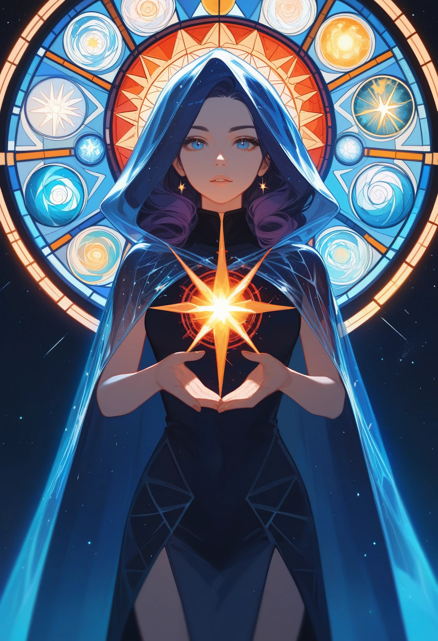 (Fraction_9,Fraction_8_Direction_7_up),1 a woman,(((bust))),(masterpiece:1.2), best quality, high resolution,Hiring,best quality, Diablo, Transparent cloak-like creature, Has an intricate pattern resembling a stained glass nebula, It uses countless legs to travel through space,Send out cosmic lightning.