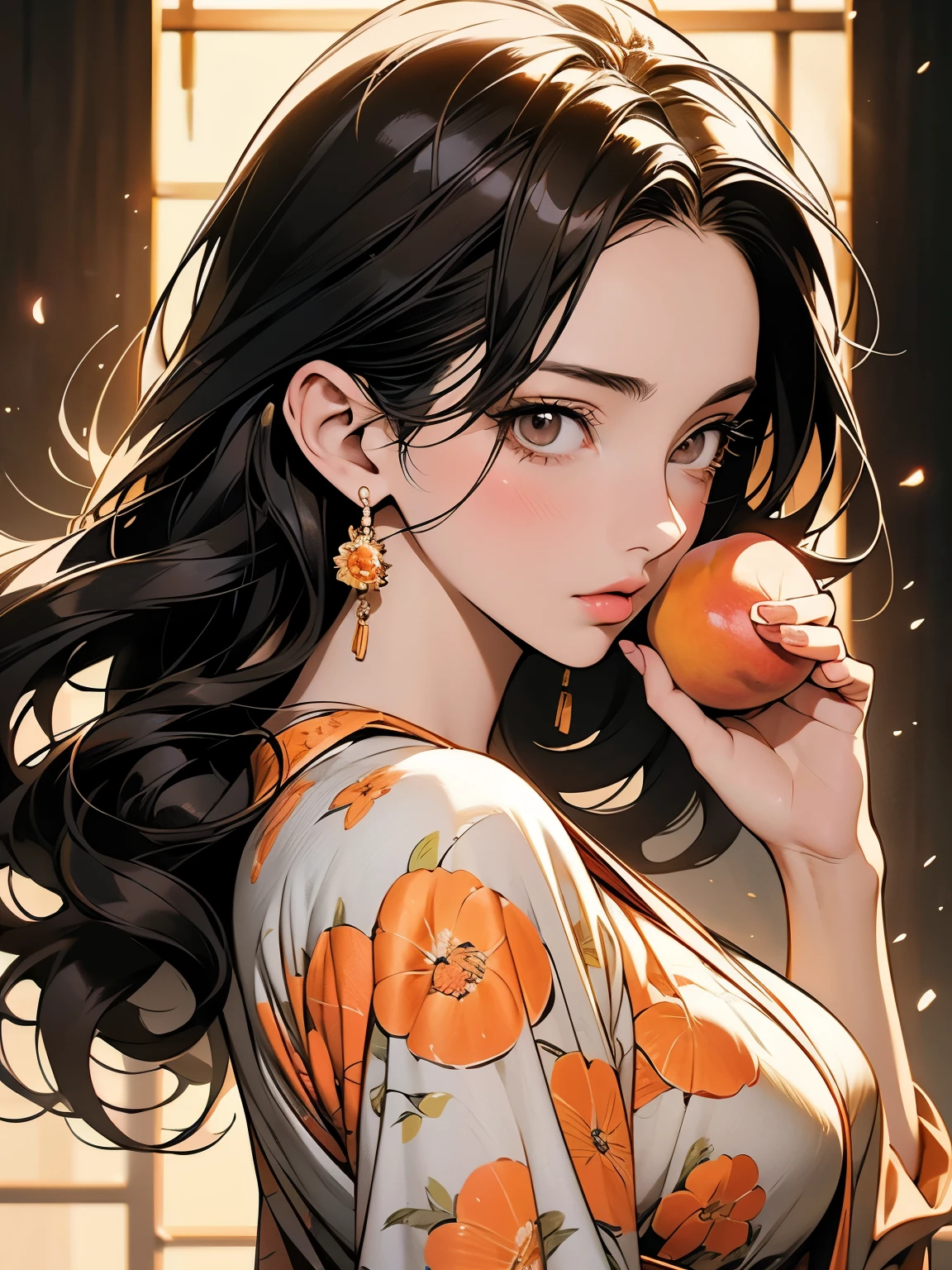 a drawing of a woman holding a peach in her hand, style of Hajime Isayama,Lana Rhoades miura manga art style, a juicy peach similar to a golden apple, god brando, official art, KenTaro Miura art, Hajime Isayama, High quality fanart, Eva, inspired by Lana Rhoades
