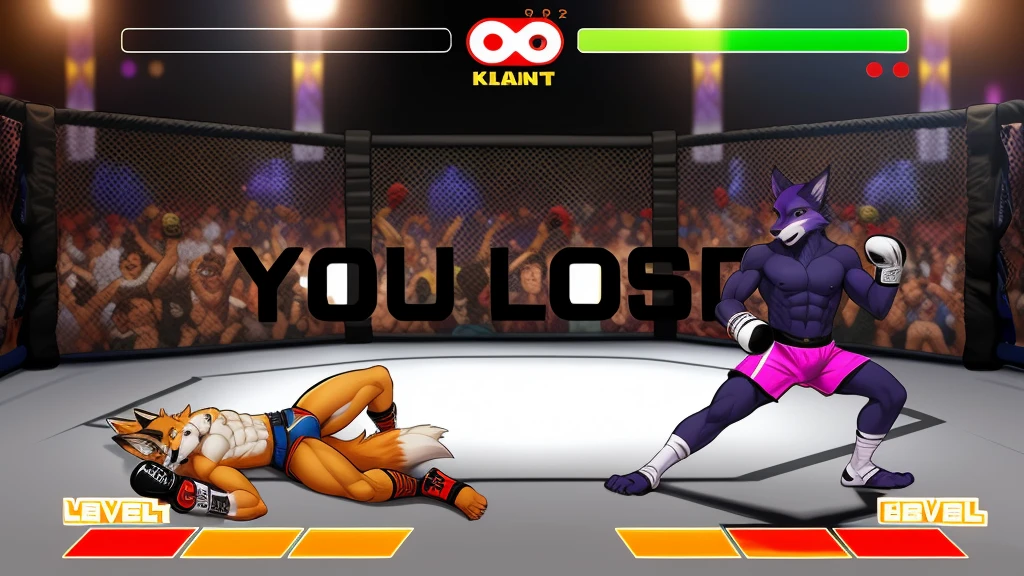 a detailed picture of a boxing match (male anthros, two boy), slim body, slim features, in a boxing ring, Ross Tran, ruan jia, trending on artstation, foxovh,User Interface of Fighting game, Crisis, assorted poses, assorted expression, full body, sound effects, motion blur, from side, ((fox, blue shorts, shirtless, abs, chest, knocked out on the floor)), (((purple wolf, white shorts, boxing pose))) “VS” 