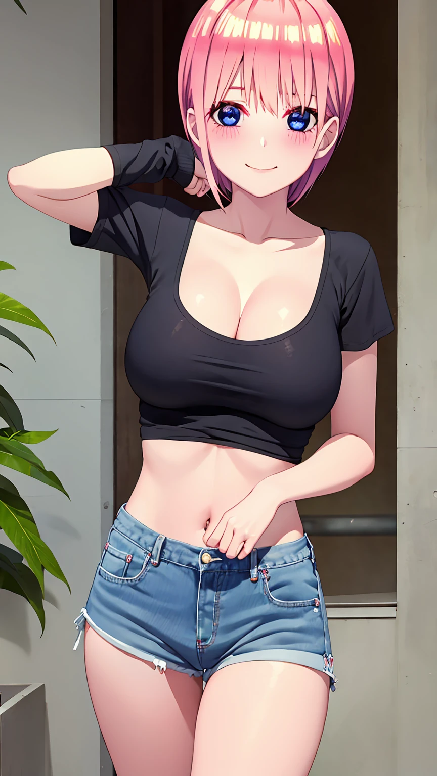 [ichika nakano, short hair, bangs, blue eyes, hair between eyes, pink hair,], 1girl, anime girl, anime, girl, 2d girl, 16y, (fullbody), seductive smile, blush, cleavage, Solo, Slim, Big breasts, large Breasts, sfw, cowboy shot, Tight Shorts, low waist shorts, upshorts, outdoors, night background, looking at viewer, darker shadows, (((shorts))), (((thigh gap))), (((lowleg shorts))),