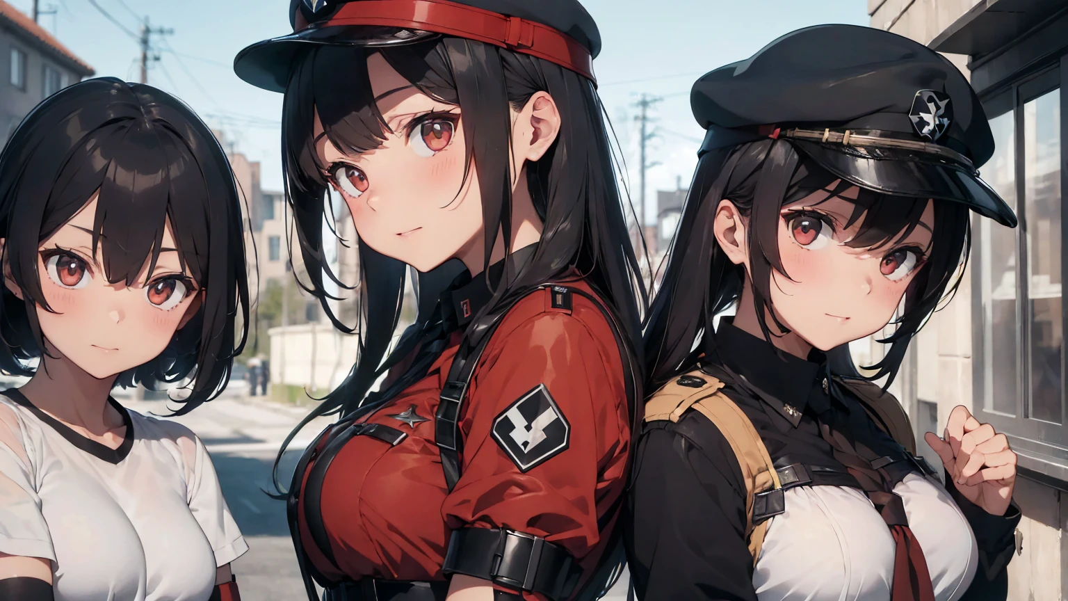 Gestapo uniform, female lesbian kawaii sisters kissing passionately with T-54 military tank. wearing Luftwaffe uniforms. 8k. masterpiece. best quality. best artwork. lingerie. Swastika insignia red armband. bare breasts