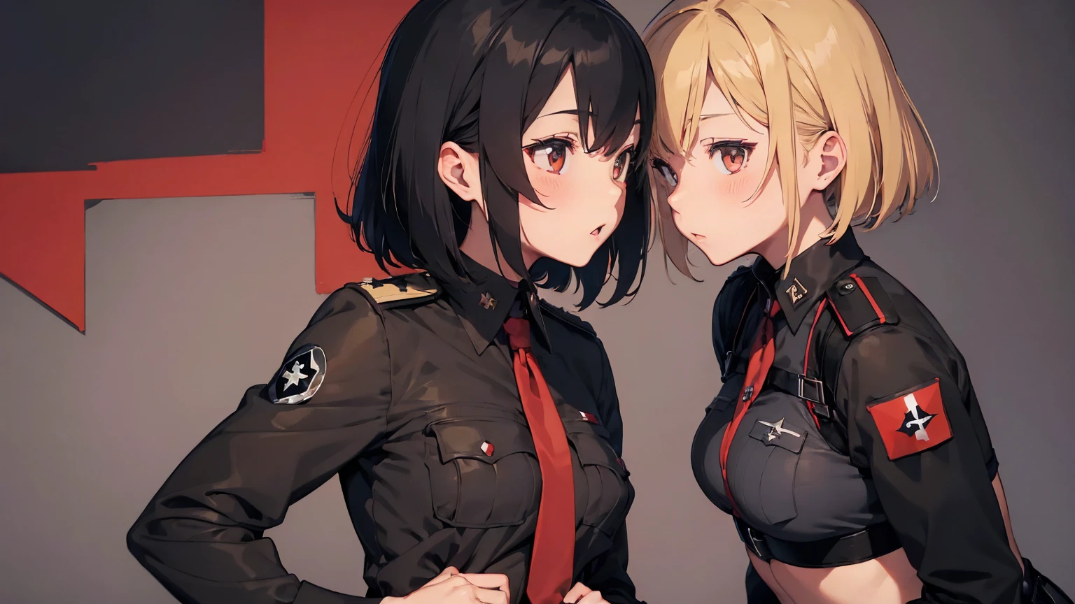 Gestapo uniform, female lesbian kawaii sisters kissing passionately with T-54 military tank. wearing Luftwaffe uniforms. 8k. masterpiece. best quality. best artwork. lingerie. Swastika insignia red armband. bare breasts