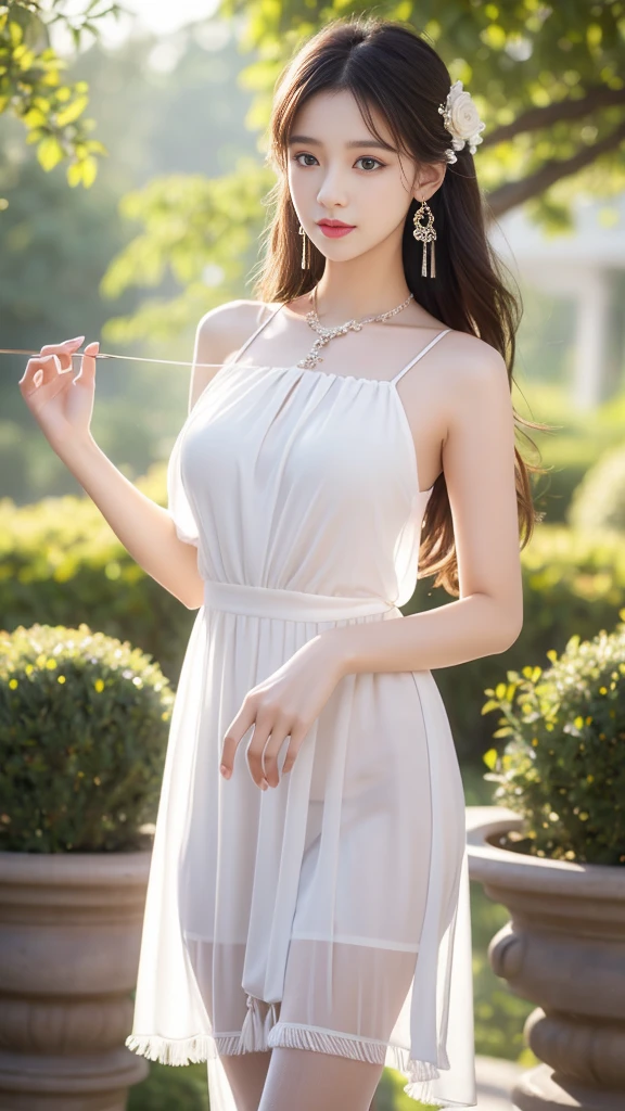 realism: 1.3, masterpiece, best quality, high resolution, detail: 1.2, 1 girl, Hairpin, Pretty Face, Exquisite eyes, Tassel Earrings, necklace, Ribbon, elegant standing posture, aesthetics, light, Ray Tracing, Depth of Field, Layering, Flutter, Chiffon dress, whole body, Pantyhose, outdoor