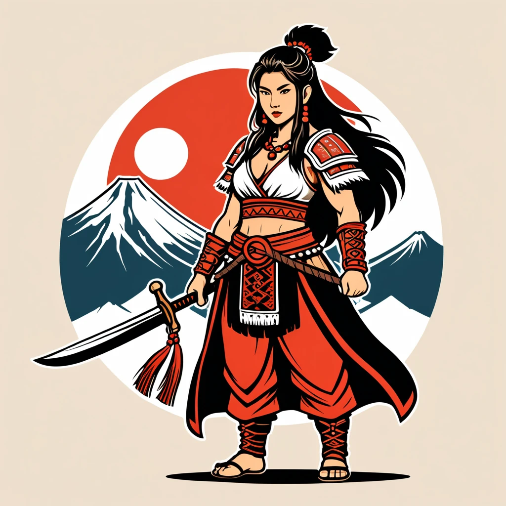 female barbarian in japan folk outfit, vector graphics, strong contours, logo design