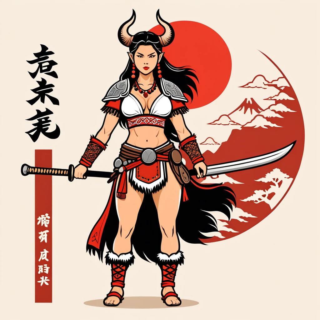 female barbarian in japan folk outfit, vector graphics, strong contours, logo design