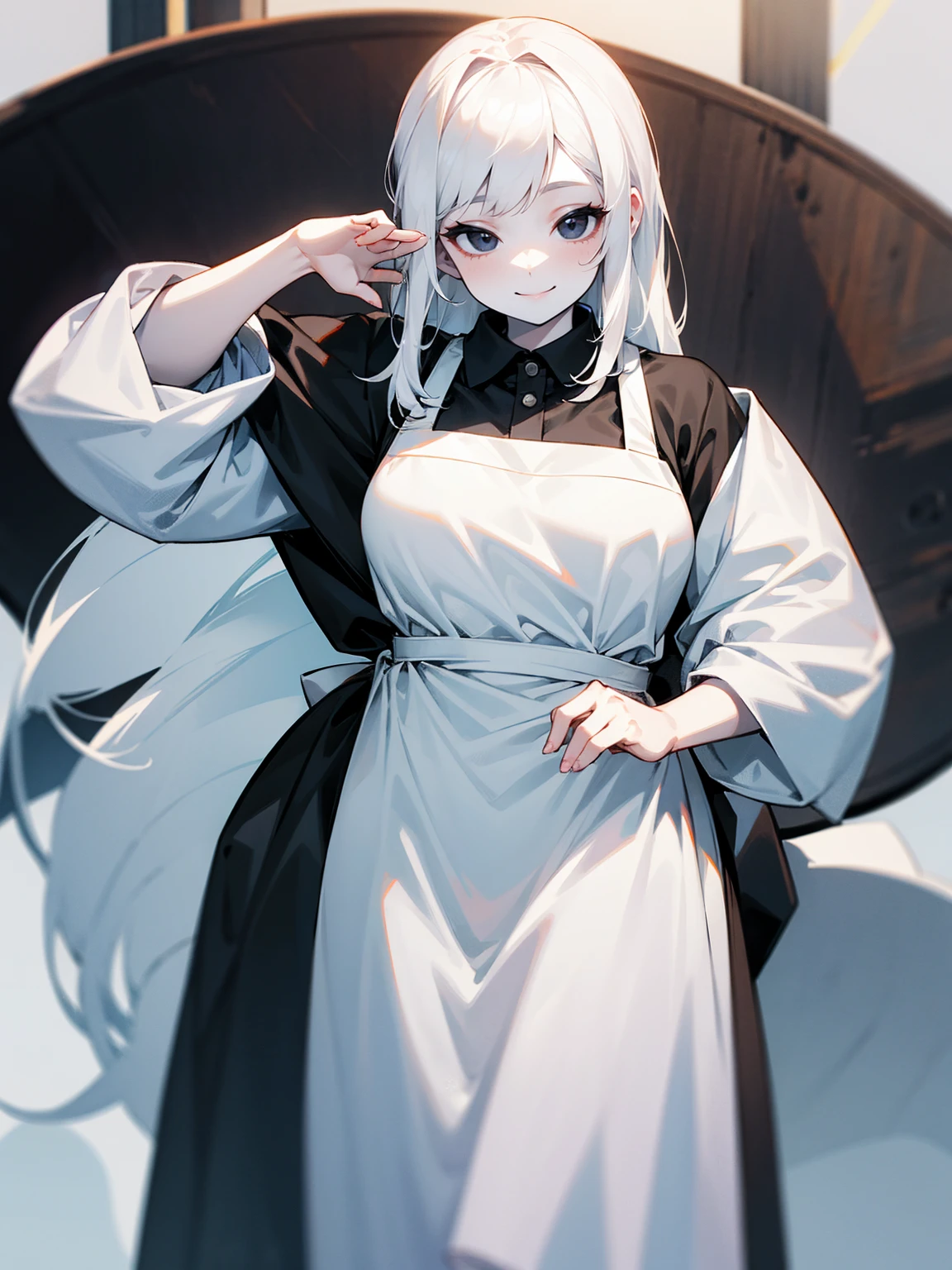 1female, pale white skin, white fluffy hair, black eyes, obese, apron, smile