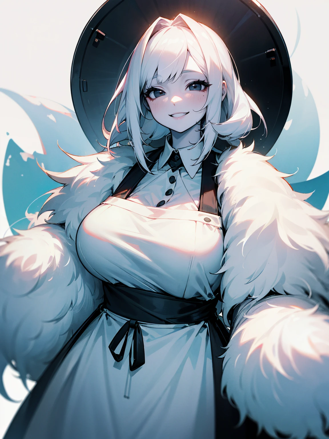 1female, pale white skin, white fluffy hair, black eyes, obese, apron, smile