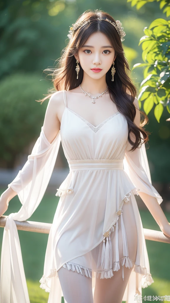 realism: 1.3, masterpiece, best quality, high resolution, detail: 1.2, 1 girl, Hairpin, Pretty Face, Exquisite eyes, Tassel Earrings, necklace, Ribbon, elegant standing posture, aesthetics, light, Ray Tracing, Depth of Field, Layering, Flutter, Chiffon dress, whole body, Pantyhose, outdoor