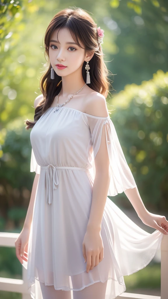 realism: 1.3, masterpiece, best quality, high resolution, detail: 1.2, 1 girl, Hairpin, Pretty Face, Exquisite eyes, Tassel Earrings, necklace, Ribbon, elegant standing posture, aesthetics, light, Ray Tracing, Depth of Field, Layering, Flutter, Chiffon dress, whole body, Pantyhose, outdoor