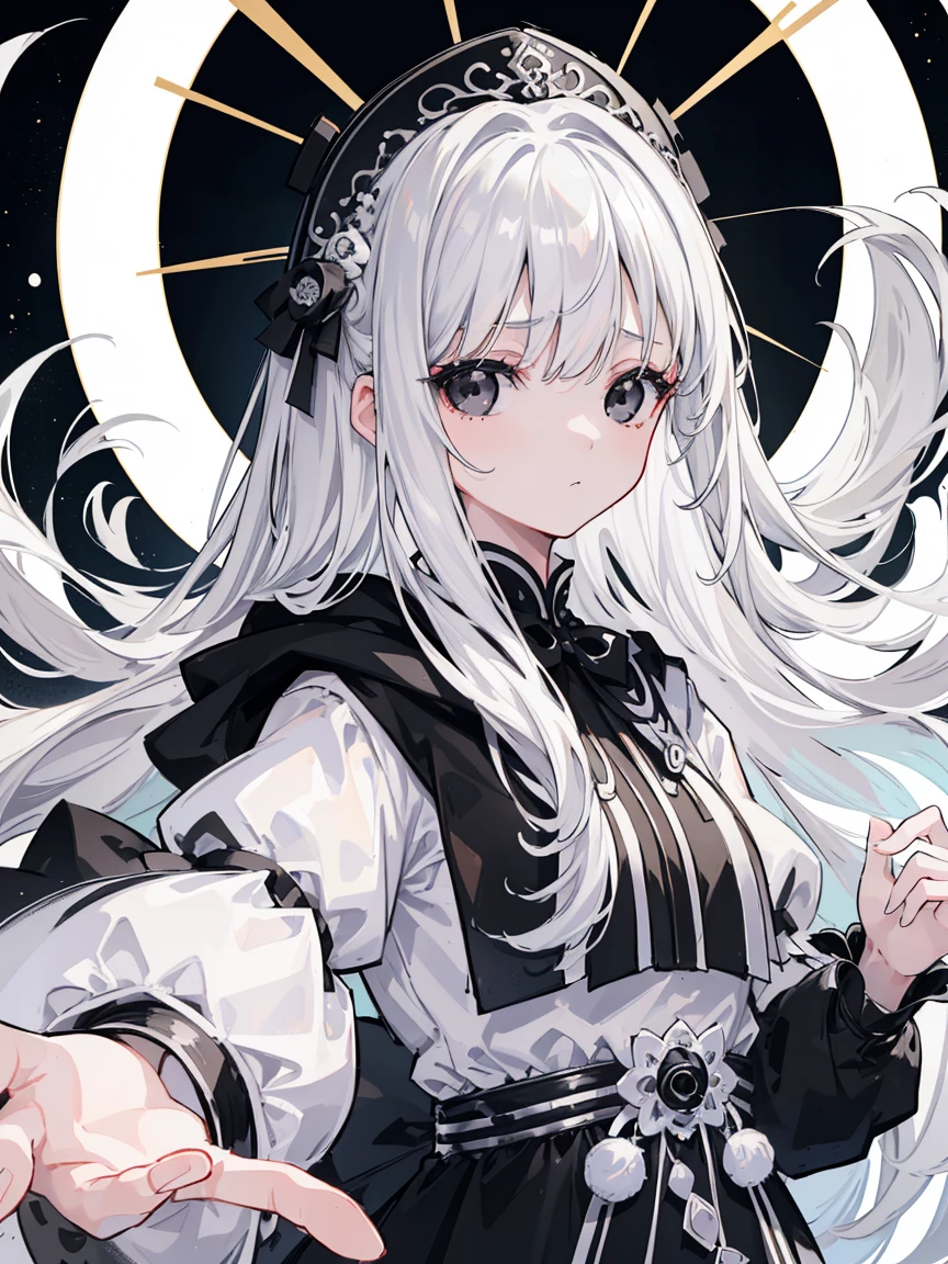 (Top image quality)、(Very detailed)、(Facing forward)、Top quality、masterpiece、(((1 girl )))、Silver Hair、White hair、((Long hair))、Weaving、(black eyes:1.6)、(White and black cheongsam)、Hooded dress、Lots of decorations、Lots of ribbons、White Ribbon、She looked grim.、Fluffy loose hair