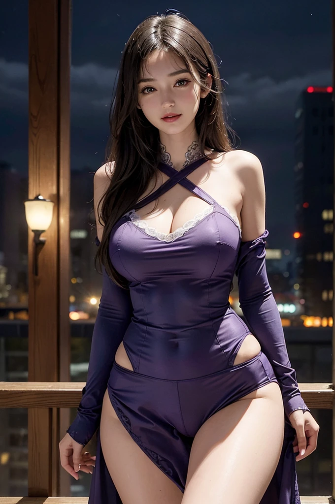 (A hyper-realistic), (illustratio), (hight resolution), (8K), (ighly detailed), (The best illustrations), (beatiful detailed eyes), (top-quality), (ultra-detailliert), (​masterpiece), (detailed face), droopy eyes,full of sweat, full body, whole body, long hair, Girl in purple underwear, smile, smiling, huge tits, big breast, slim body, abs, slim body, city at night 