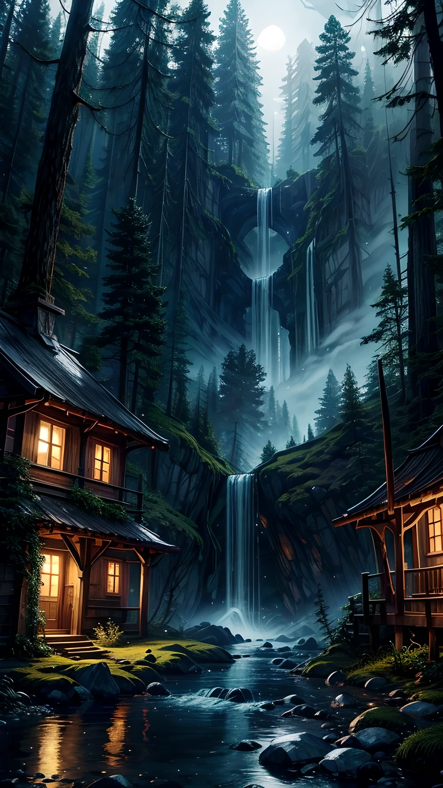 The atmosphere of a village deep in the forest where goblins live.,The trees covered half of the sky, Hazy mist, Flowing light flow, Small winding waterfall, Beautiful waterfall, Beautiful fantasy painting, bioluminescent waterfall, Golden skylight, Epic surrealist 8k oil painting, European style small house fairy tale house, Indoor lighting, Giant Wood Forest, dusk, Sunset, Calm stream, Magnificent tree,