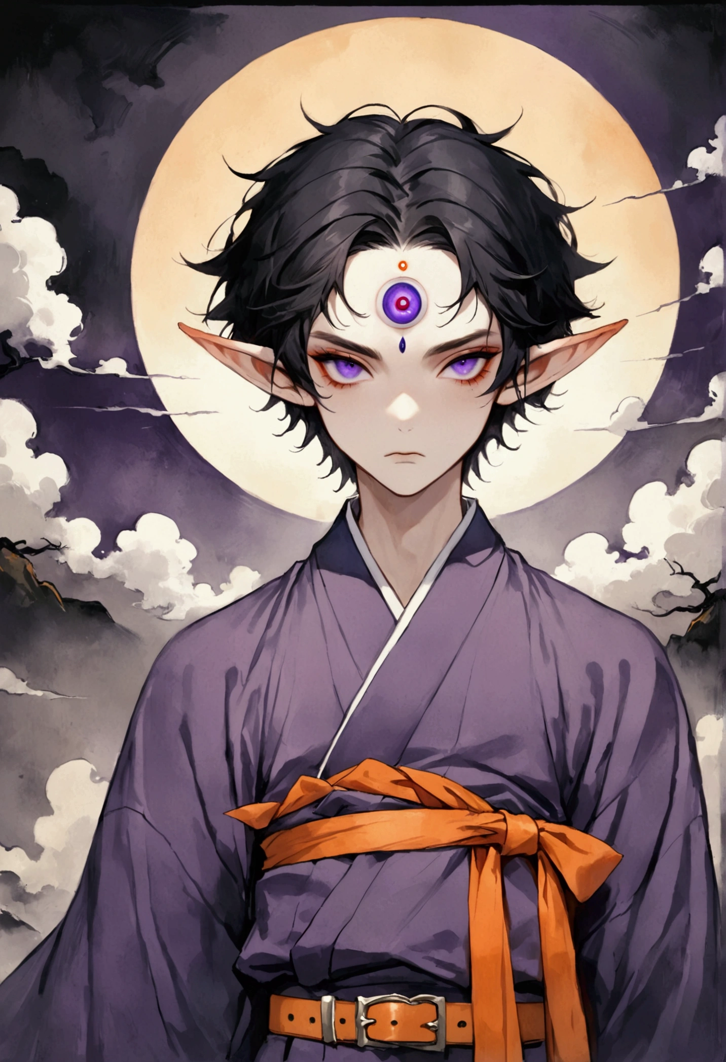 Art Illustration，Dark Style，(((1 boy，solo，The third eye on the forehead，Elf ears))),(((Gorgeous Japanese purple kimono：1.6，Eye))).(((Thin waist，Orange belt：1.37)))whole body，Death Stare Background。