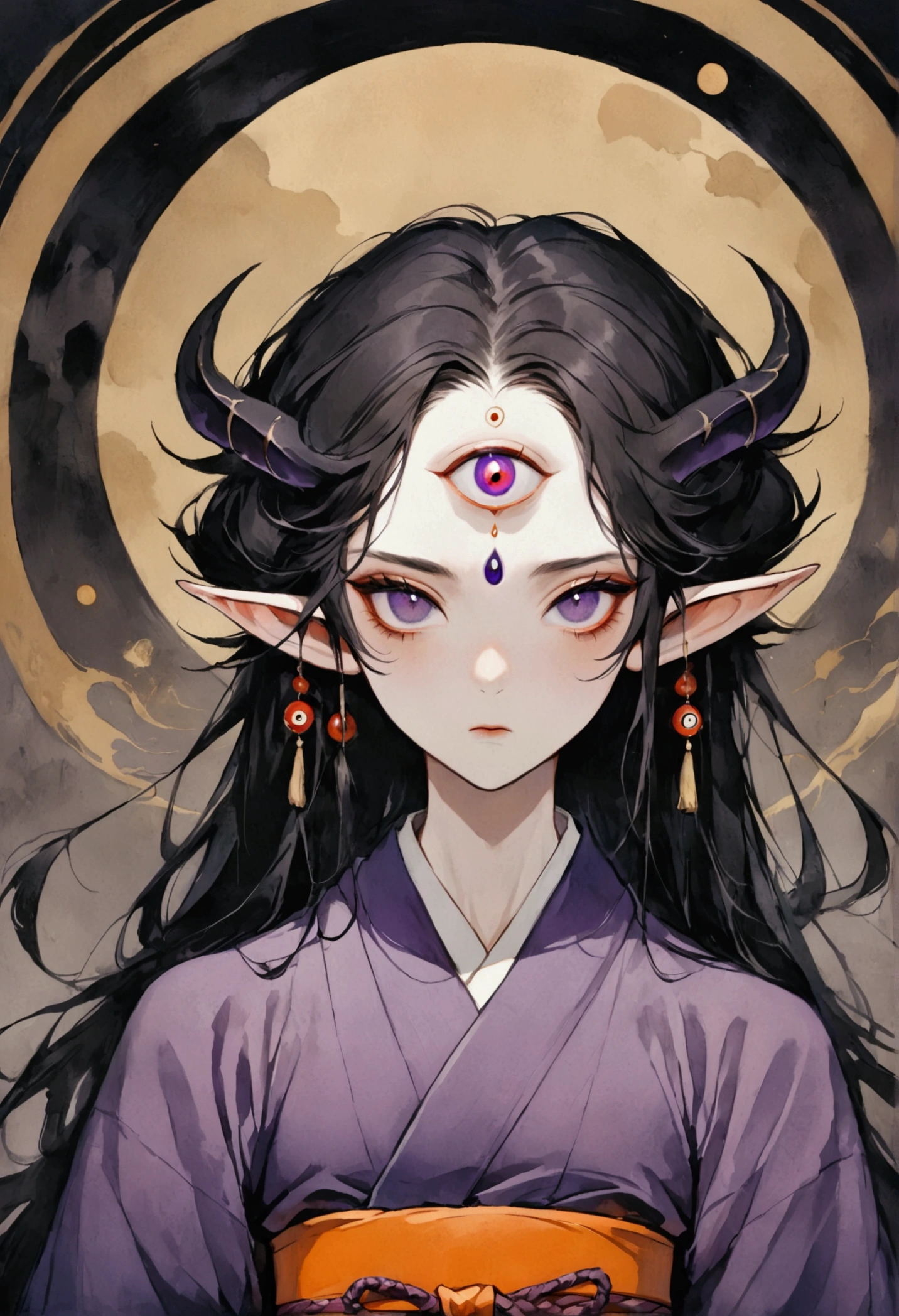 Art Illustration，Dark Style，(((1 boy，solo，The third eye on the forehead，Elf ears))),(((Gorgeous Japanese purple kimono：1.6，Eye))).(((Thin waist，Orange belt：1.37)))whole body，Death Stare Background。