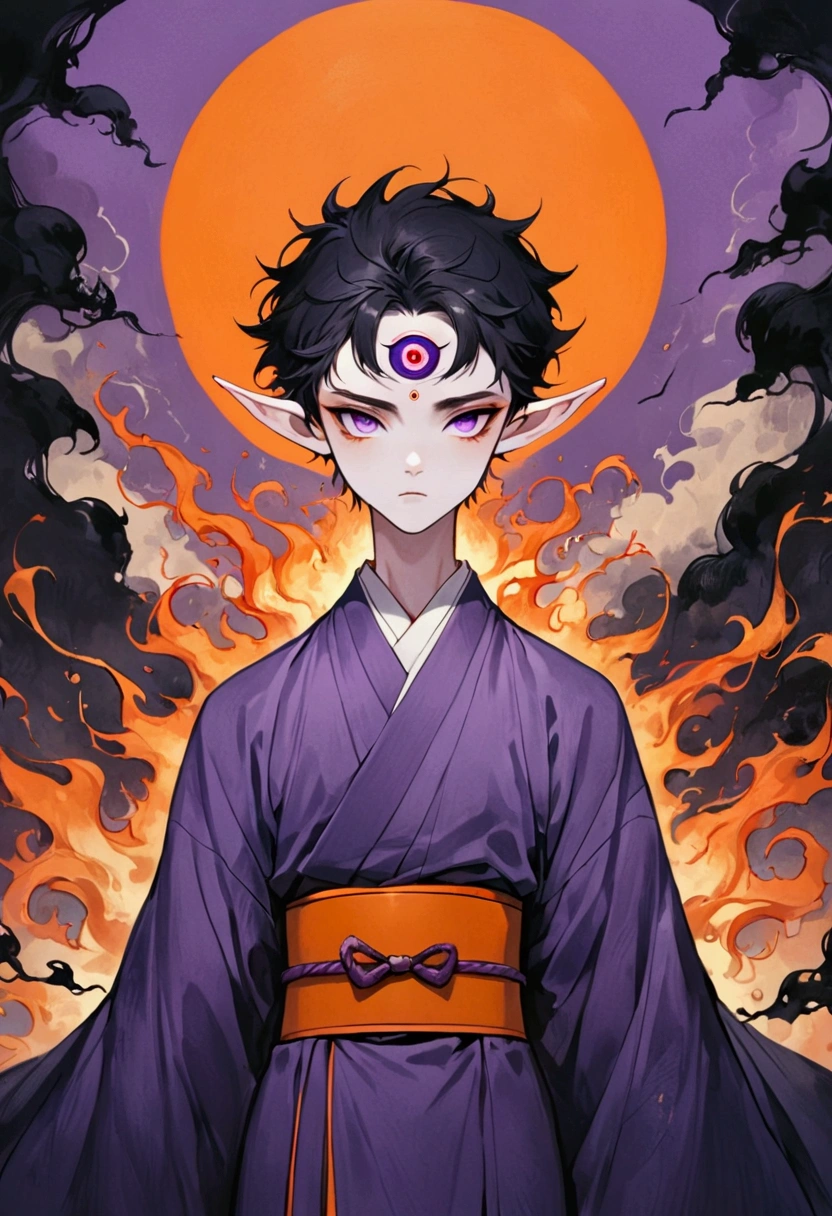 Art Illustration,Dark Style,(((1 boy,solo,The third eye on the forehead,Elf ears))),(((Gorgeous Japanese purple kimono:1.6,Eye))).(((Thin waist,Orange belt:1.37)))whole body,Death Stare Background。
