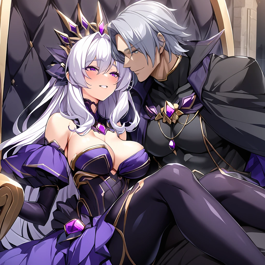 ((Highest quality)), ((masterpiece)), (detailed), （Perfect Face）、The woman is the evil queen, Dark Extia, an evil transforming heroine with medium-long silver hair, wearing a gorgeous evil queen dress with gold embroidery and trim, gorgeous accessories, and an engagement ring. With a truly happy expression on her face, she embraces the man she loves, snuggles up to him, happily accepting his caresses, kissing him, and having sex with him.、The man is the evil king, Naioro, a handsome man with medium-long silver hair, wearing a black bodysuit, and doting on the woman, embracing her, fondling her breasts, having sex, and making love.、A man and a woman are sitting close together on a luxurious throne, making love.、A man and a woman are a deeply loving couple
